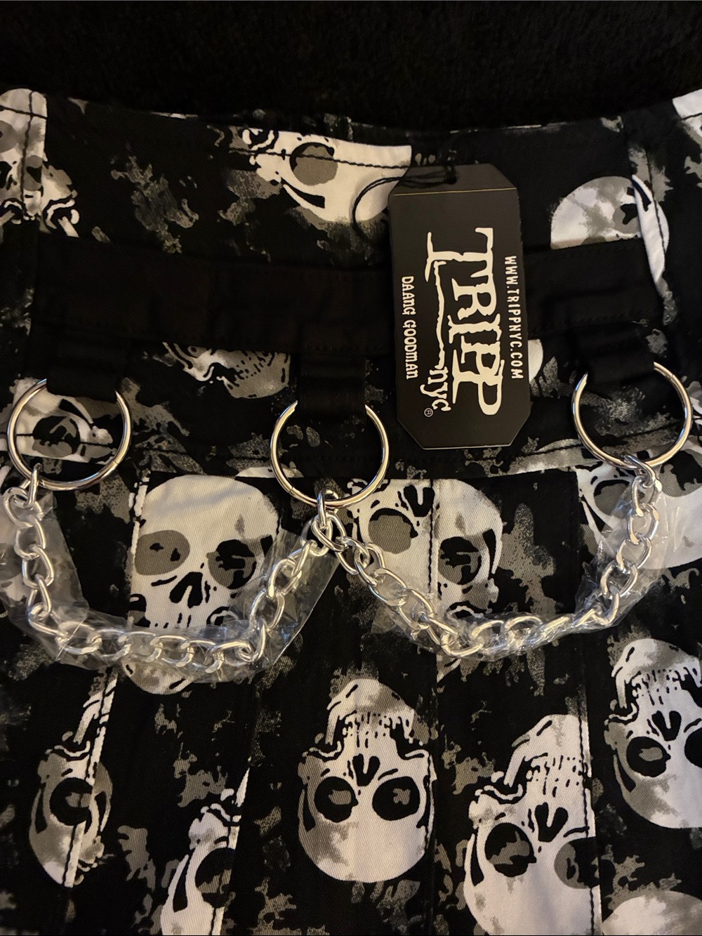 Tripp NYC Black and White Skull Print Mini Skirt with Chains measures 28” - Picture 2 of 6